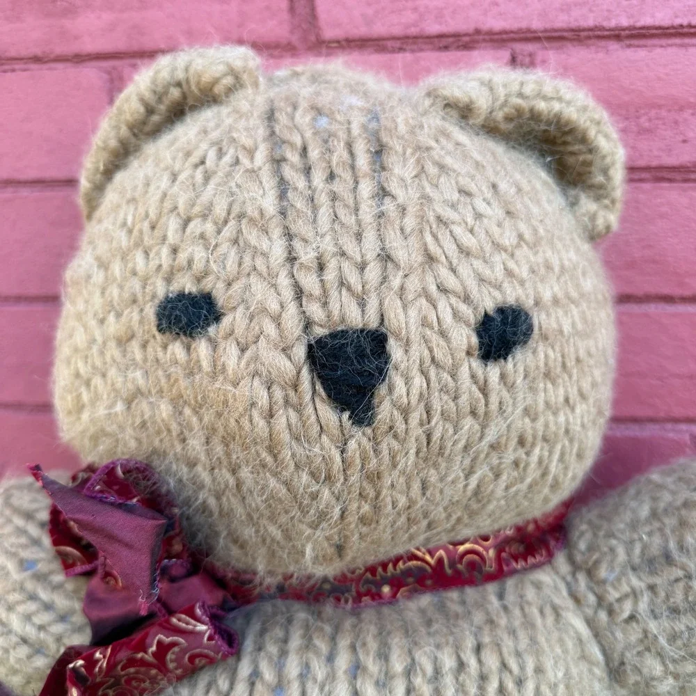 Vtg Hand Knitted Teddy Bear‎ Tan Yarn Red Scarf Bow Stuffed Animal Plush Toy 23